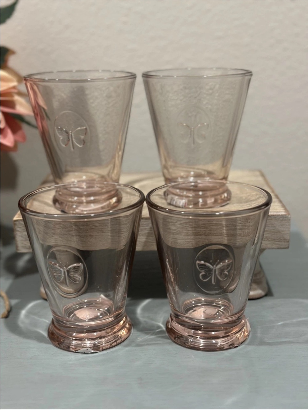 La Rochere Pink Butterfly Papillon Glass Tumbler 4PC Made In France 9.2oz NEW